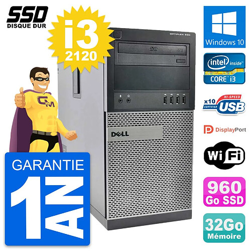 PC Tour Dell OptiPlex 990 Intel Core i3-2120 RAM 32Go SSD 960Go Windows 10 Wifi · Occasion