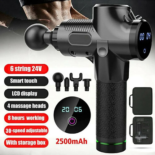 Fascia Massage Gun Pistolet de massage électrique Détente musculaire Relaxation avec 4 Têtes sac de rangement - NOIR