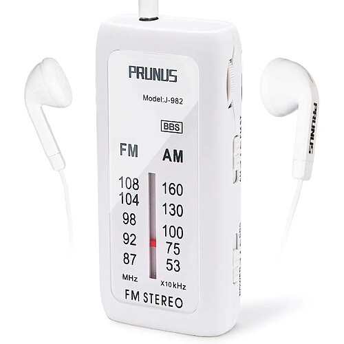 PRUNUS mini radio portable transistor FM / AM DSP avec système de Bass BBS et mode stéréo à piles blanc