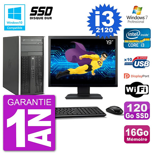 PC HP 6300 MT Ecran 19" Core i3-2120 RAM 16Go SSD 120Go Graveur DVD Wifi W7 · Occasion