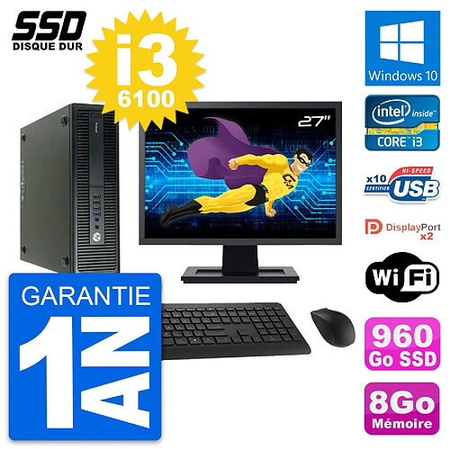 PC HP 600 G2 SFF Ecran 27" Intel Core i3-6100 RAM 8Go SSD 960Go Windows 10 Wifi · Occasion