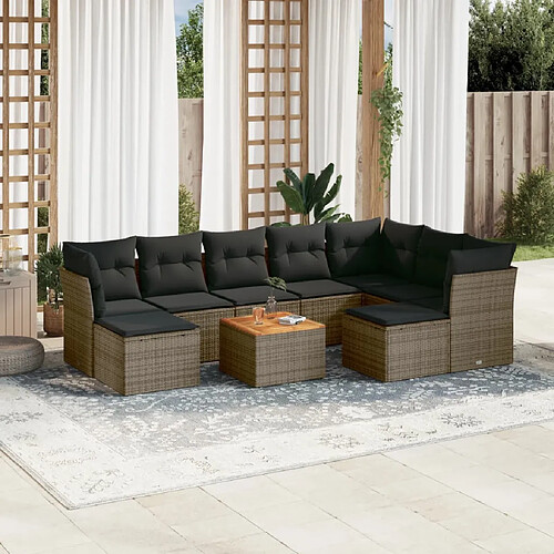 vidaXL Salon de jardin avec coussins 10 pcs gris résine tressée