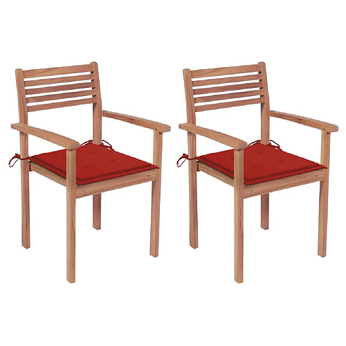 vidaXL Chaises de jardin lot de 2 et coussins rouge Bois teck massif