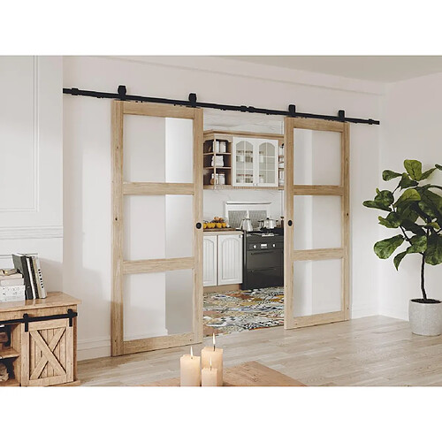 Vente-Unique Porte coulissante double avec système en applique en bois et verre trempé dépoli - 3 fenêtres - 2 x H205 x L83 cm - ACOSTA II