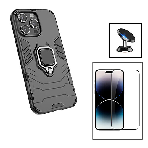 PHONECARE Kit Film Verre Trempé 5D Full Cover + Coque 3X1 Military Defender + Support Magnétique de Voiture pour Apple iPhone 15 - Noir