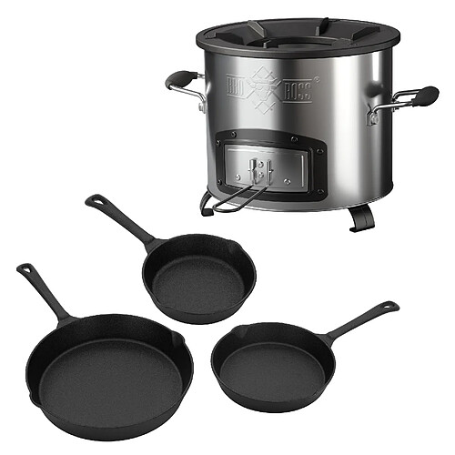 BBQ#BOSS Four-fusée BBQ avec set de 3 poêles en fonte réchaud de camping à bois à griller