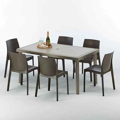 Grand Soleil Table rectangulaire et 6 chaises Poly rotin resine ensemble bar cafè exterieur 150x90 Beige Marion, Chaises Modèle: Rome Marron Moka