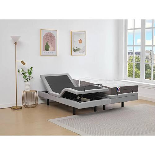 Vente-Unique Lit électrique de relaxation déco + matelas 100% latex 3 zones - 2 x 90 x 200 cm - Tissu - Gris - PANISOLA de DREAMEA