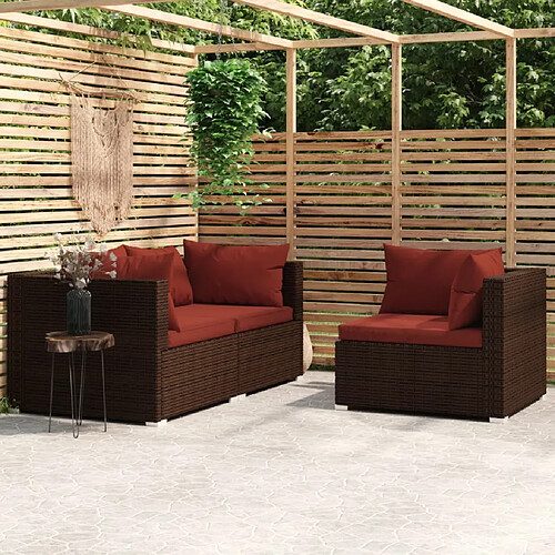 vidaXL Salon de jardin 3 pcs avec coussins Marron Résine tressée