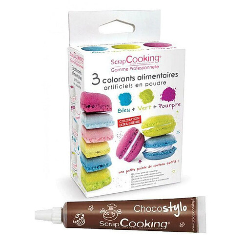 Scrapcooking 3 colorants alimentaires bleu, vert, pourpre + 1 Stylo chocolat