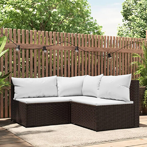 vidaXL Salon de jardin 3 pcs avec coussins marron résine tressée