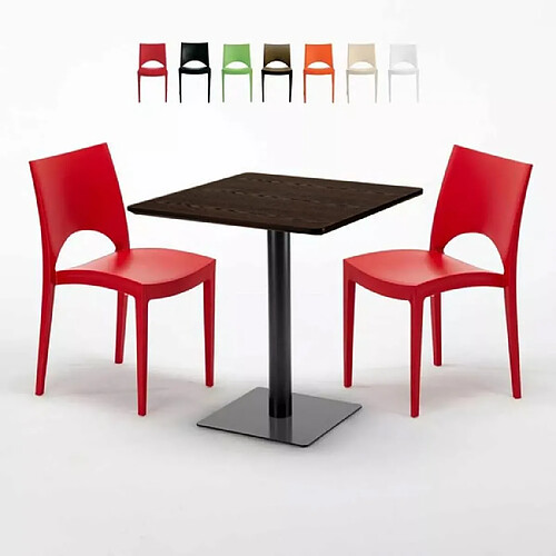 Grand Soleil Table carrée 70x70 plateau effet bois avec 2 chaises colorées Paris Melon - Rouge