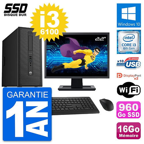 PC Tour HP EliteDesk 800 G2 Ecran 22" i3-6100 RAM 16Go SSD 960Go Windows 10 Wifi · Occasion