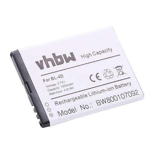 vhbw Batterie remplacement pour Nokia BL-4D pour smartphone (1300mAh, 3,7V, Li-ion)