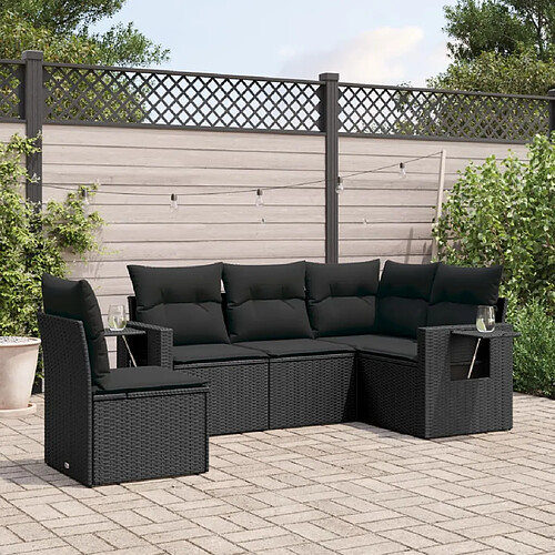 vidaXL Salon de jardin 5 pcs avec coussins noir résine tressée