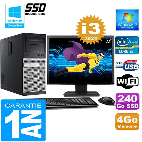 PC Tour DELL 7010 Core I3-3220 Ram 4Go Disque 240 Go SSD Wifi W7 Ecran 22" · Occasion