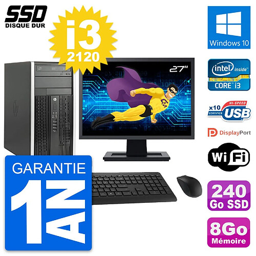 PC Tour HP 6300 CMT Ecran 27" Intel i3-2120 RAM 8Go SSD 240Go Windows 10 Wifi · Occasion