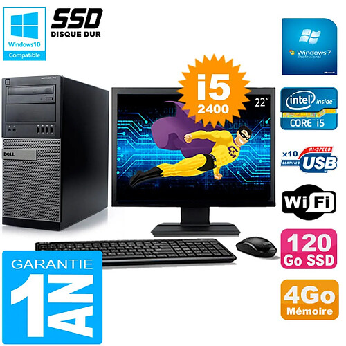 PC Tour DELL 7010 Ecran 22" Core I5-2400 RAM 4Go Disque 120 Go SSD Wifi W7 · Occasion