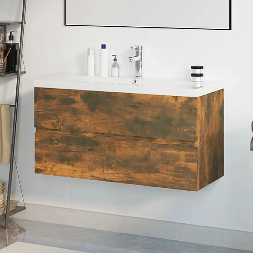 vidaXL Meuble lavabo avec bassin intégré Chêne fumé Bois d'ingénierie