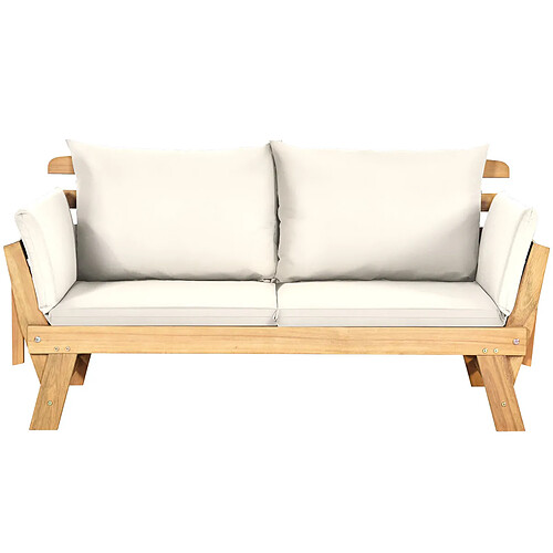 Helloshop26 Chaise longue convertible avec coussin canapé de jardin 2 en 1 en bois d’acacia avec accoudoir réglable pour patio piscine jardin blanc 20_0006182