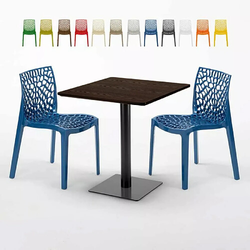 Grand Soleil Table carrée 70x70 plateau effet bois avec 2 chaises colorées Gruvyer Melon - Bleu