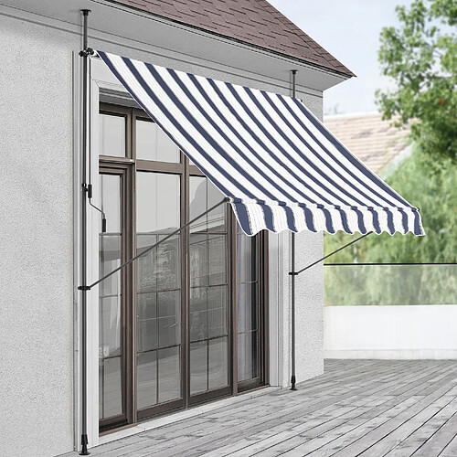 Store Banne Manuel Rétractable pour Terrasse Marquise Soleil de Balcon Auvent Téléscopique Hauteur et Inclinaison Réglable Sans Perçage Acier Polyester 350 x 120 x 200-300 cm Bleu Foncé Blanc [pro.tec]