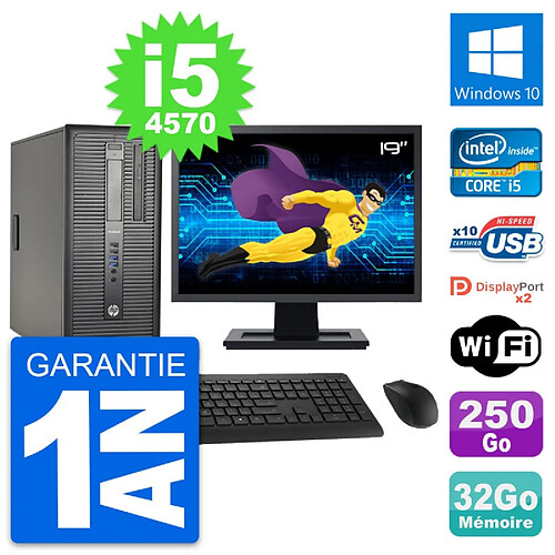 PC Tour HP 600 G1 Ecran 19" Intel i5-4570 RAM 32Go Disque 250Go Windows 10 Wifi · Occasion