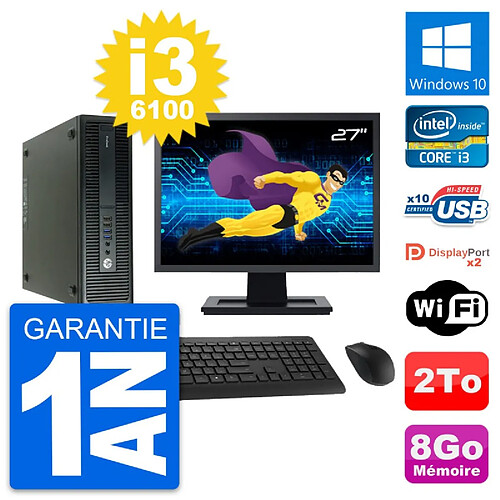 PC HP 600 G2 SFF Ecran 27" Intel Core i3-6100 RAM 8Go Disque 2To Windows 10 Wifi · Occasion