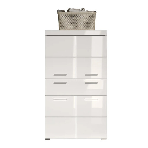 Pegane Commode de rangement avec 4 portes de salle de bain coloris blanc brillant, blanc mat - Longueur 73 x hauteur 132 x profondeur 31 cm