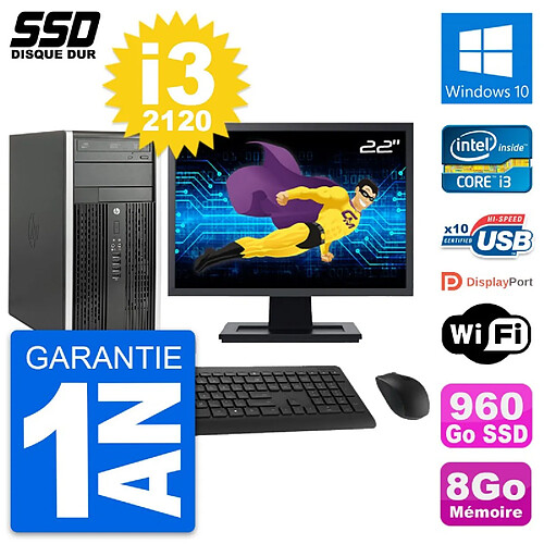 PC Tour HP 6300 CMT Ecran 22" Intel i3-2120 RAM 8Go SSD 960Go Windows 10 Wifi · Occasion