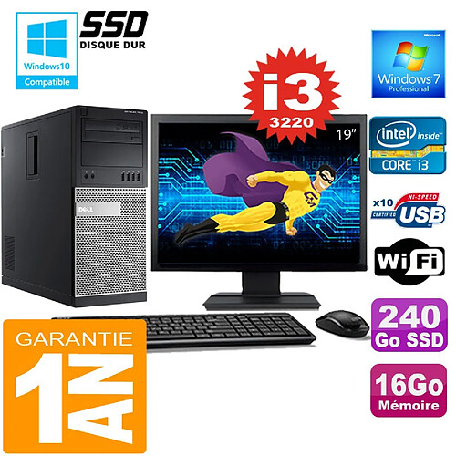 PC Tour DELL 7010 Core I3-3220 Ram 16Go Disque 240 Go SSD Wifi W7 Ecran 19" · Occasion