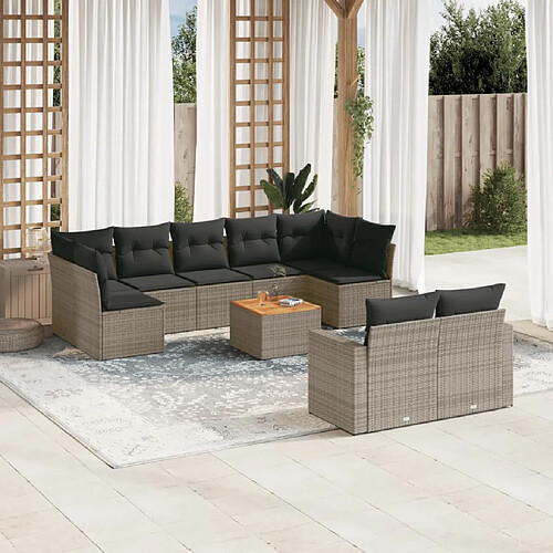 vidaXL Salon de jardin avec coussins 10 pcs gris résine tressée