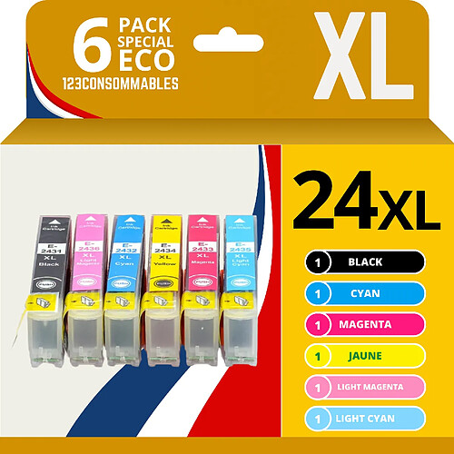 123CONSOMMABLES - 24XL - Cartouches d'encre Compatible pour Epson Expression Home XP-850 XP-750 XP-950 XP-55 XP-860 XP-760 XP-960 (1 BK / 1 C / 1 M / 1 Y / 1PC / 1PM)