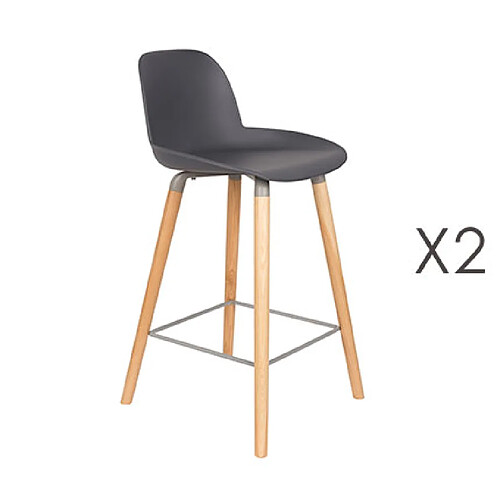 Mes Lot de 2 tabourets de bar H65 cm gris foncé et pieds naturels - KUIP