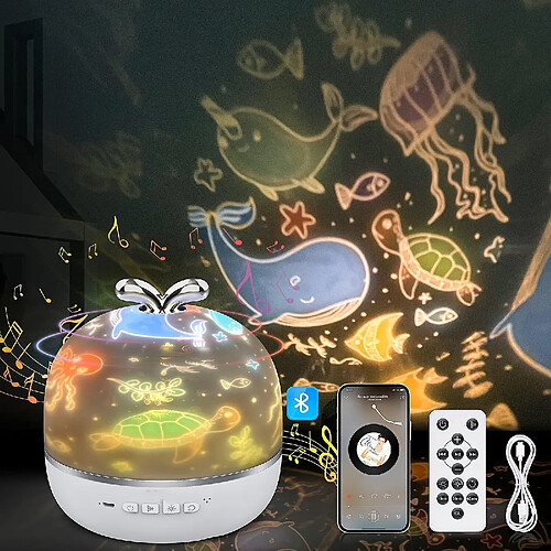 Universal Projecteur 3 en 1 Lampe de nuit pour enfants, haut-parleur LED Bluetooth Projecteur Star 360 ° Rotation Bébé Lampe de chevet pour enfants avec télécommande Décoration de chambre Cadeau pour nouveau-né, (blanc)