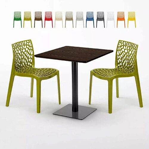 Grand Soleil Table carrée 70x70 plateau effet bois avec 2 chaises colorées Gruvyer Melon - Anis vert