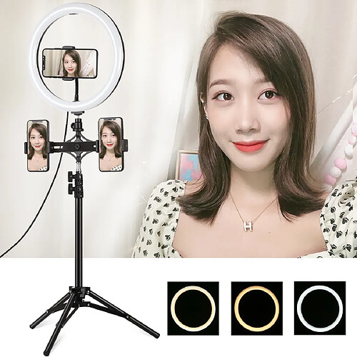 Wewoo Support de trépied 1,1 m + Supports de téléphone doubles + Surface incurvée de 11,8 pouces 30 cm USB 3 modes Dimmable Température de couleur double Anneau LED Vlogging Video Light Kits de diffusion en direct avec pince de noir