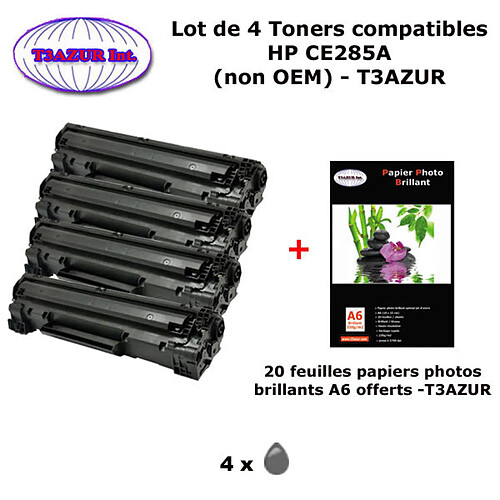 CE285A - Lot de 4 toners compatibles HP LaserJet Pro M1212, M1212nf ,M1214 +10 papiers photos A6 brillantes -T3AZUR