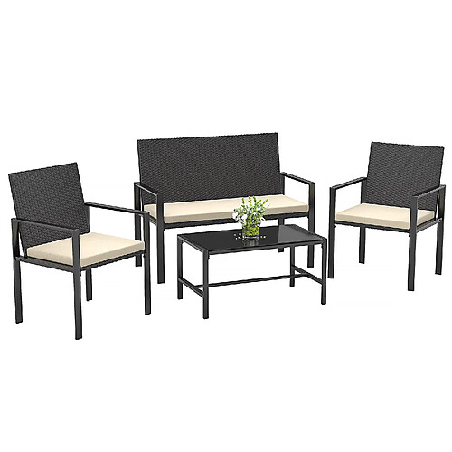 Salon de jardin - BIGZZIA - 4 personnes - avec coussin et table basse en verre - Noir