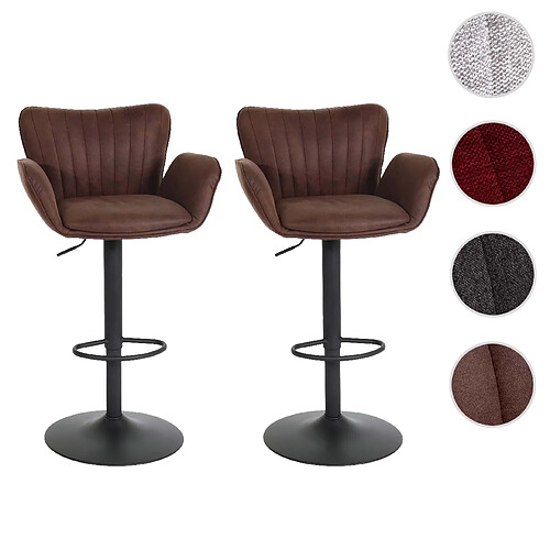 Mendler Lot de 2 tabourets de bar HWC-M67, chaise de bar, avec accoudoirs repose-pieds pivotant tissu/textile fer ~ brun foncé pied noir