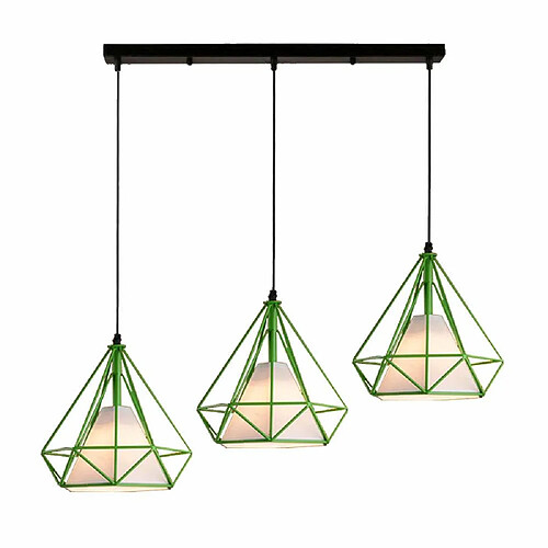 Stoex Suspension Luminaire Industrielle forme Diamant 25cm Contemporain, Lustre Abat-jour en Barre 3 Lamps E27 Vert