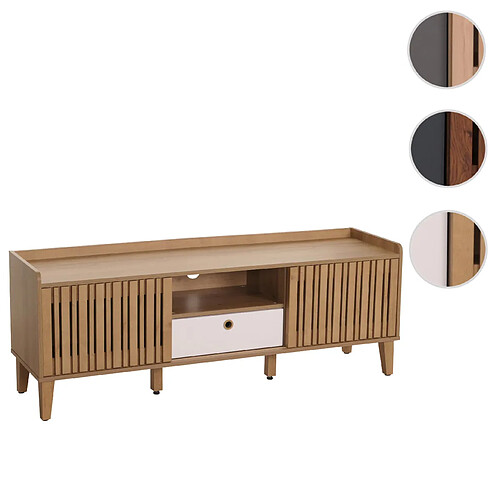 Mendler Meuble TV HWC-M48, Buffet TV, porte coulissante en bois massif de manguier 56x150x40cm ~ naturel, tiroir blanc