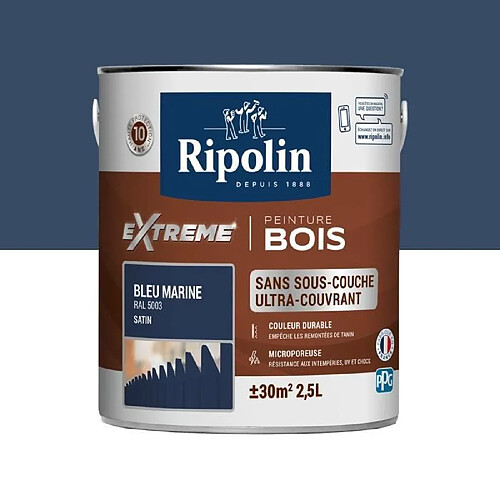 RIPOLIN Peinture pour pour Bois Interieur + Exterieur - Bleu Marine Ral 5003 Satin, 2,5L