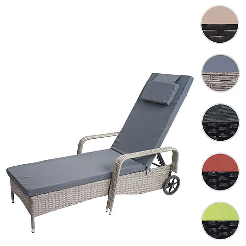 Mendler Chaise longue Carrara en polyrotin, transat de jardin, aluminium ~ gris, coussin gris foncé