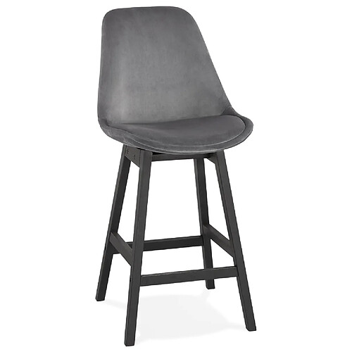 Alterego Tabouret snack mi-hauteur 'MORISS MINI' en velours gris et pieds en bois noir