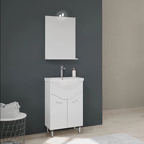 Kiamami Valentina MEUBLE DE SALLE DE BAINS AU SOL DE 56,5 CM AVEC LAVABO ET MIROIR BLANC | EASY