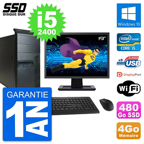 PC Tour Lenovo M91p Ecran 19" Core i5-2400 RAM 4Go SSD 480Go Windows 10 Wifi · Occasion