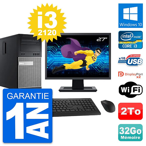 PC Tour Dell 9010 Ecran 27" Intel i3-2120 RAM 32Go Disque 2To Windows 10 Wifi · Occasion