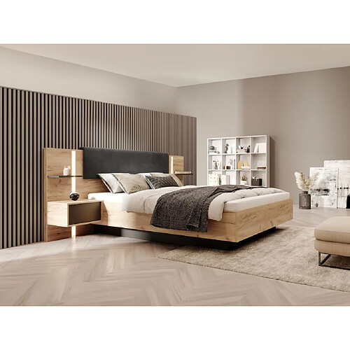 Vente-Unique Lit avec chevets 140 x 190 cm - Avec LEDs - Coloris : Naturel et anthracite + Sommier + Matelas - ELYNIA