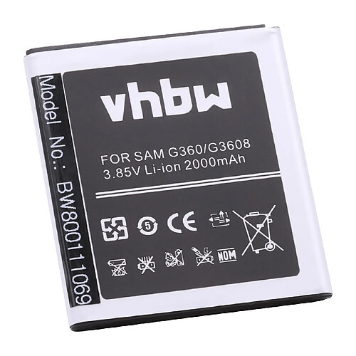 vhbw Li-Ion Batterie 2000mAh (3.7V) pour téléphone portable smartphone Samsung SM-G360, SM-G3606, SM-G3608, SM-G3609, SM-G360BT comme EB-BG360CBC.